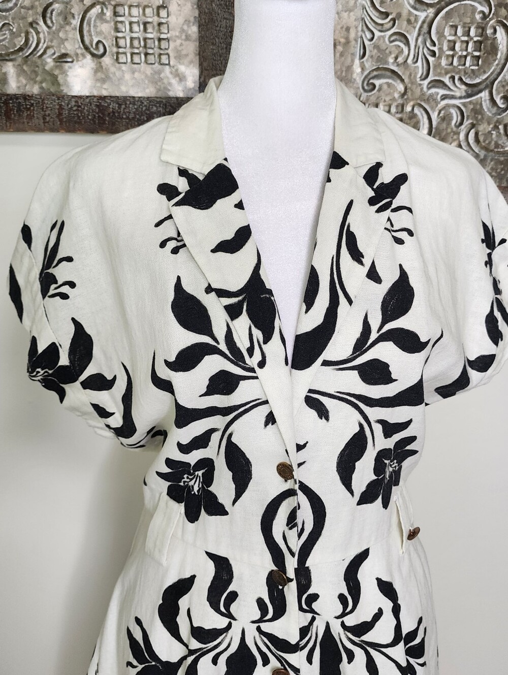 Zara Cream & Black Floral Linen Blend Button-Front Fit-and-Flare Dress Large - Picture 5 of 16